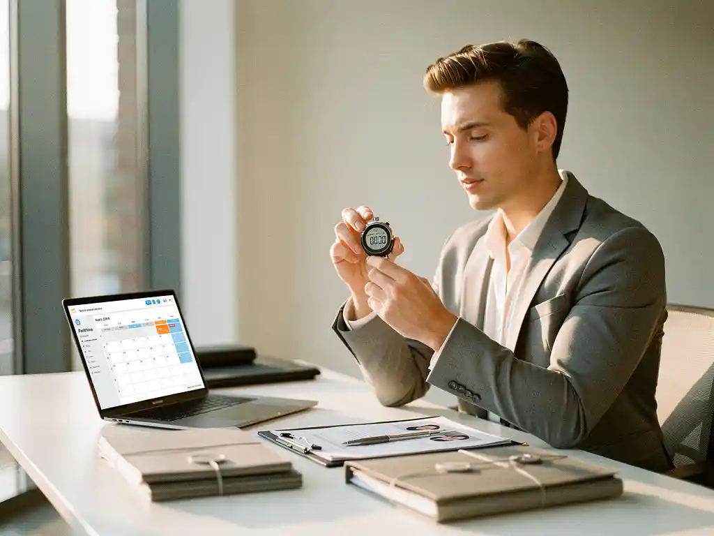 Recruiter bekijkt digitale stopwatch aan moderne witte bureau met kandidaatmappen en laptop met interview schema's