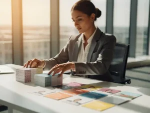 Recruitment specialist organiseert kleurrijke vacature kaarten op modern bureau met natuurlijk licht door ramen