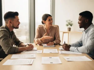 Drie diverse professionals bespreken cv's en wervingsstrategieën aan houten vergadertafel in moderne kantooromgeving