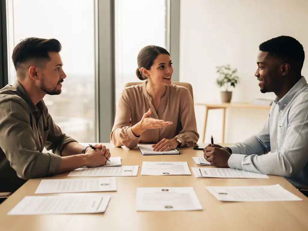 Drie diverse professionals bespreken cv's en wervingsstrategieën aan houten vergadertafel in moderne kantooromgeving