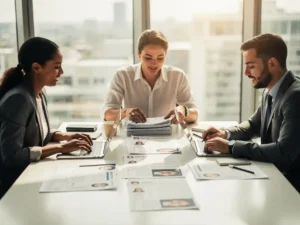 Drie recruitmentprofessionals werken samen aan een witte bureau met cv's en laptops, warme natuurlijke belichting
