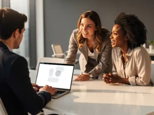 Drie professionals bespreken kandidaatprofielen aan witte vergadertafel in modern kantoor met grote ramen