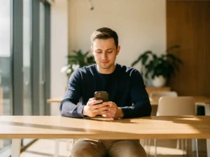 Sollicitant in marineblauwe trui controleert smartphone voor e-mailupdates aan houten bureau bij raam met natuurlijk licht