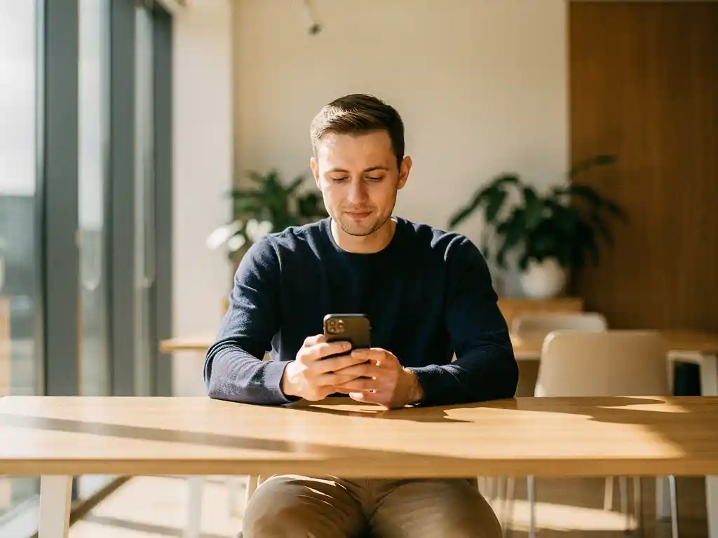 Sollicitant in marineblauwe trui controleert smartphone voor e-mailupdates aan houten bureau bij raam met natuurlijk licht