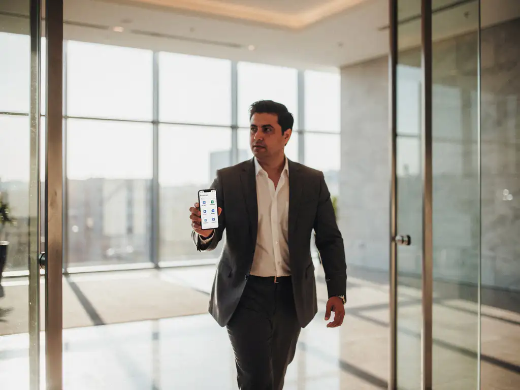 Sollicitant loopt zelfverzekerd door glazen kantoordeuren met smartphone met sollicitatieformulier in moderne bedrijfsomgeving
