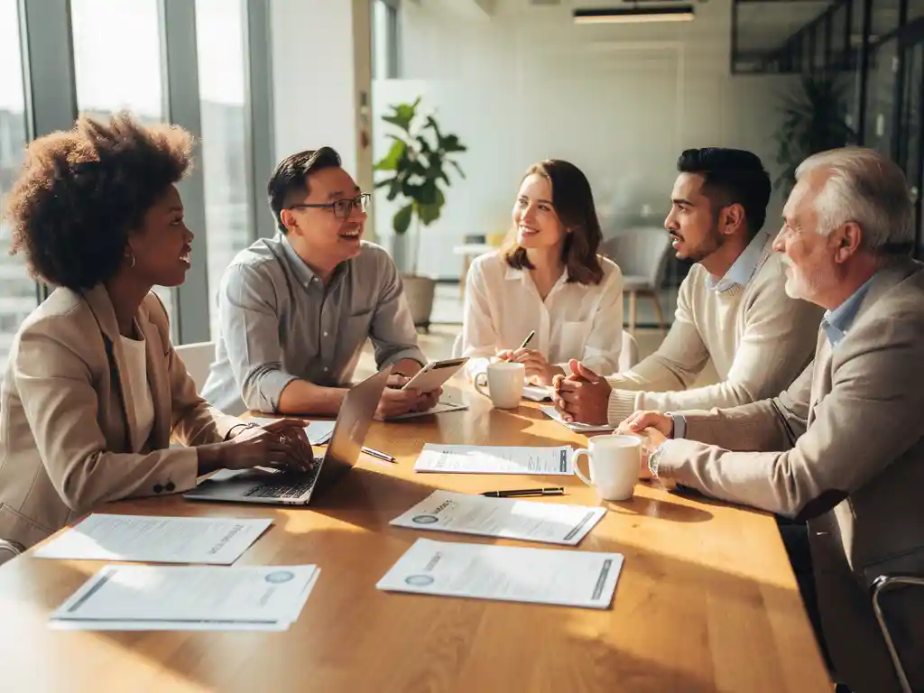 Diverse groep van vijf professionals bespreekt cv's en laptops rond houten vergadertafel in modern kantoor met natuurlijk licht
