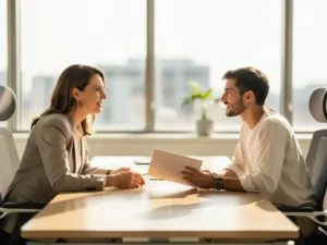 Sollicitatiegesprek tussen werkgever en kandidaat aan lichthouten bureau, beide vooroverleunend in gesprek