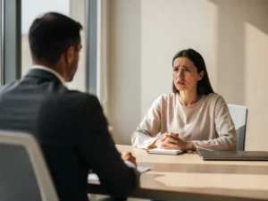 Sollicitant toont bezorgde uitdrukking tijdens uitdagend sollicitatiegesprek aan modern bureau met natuurlijk licht