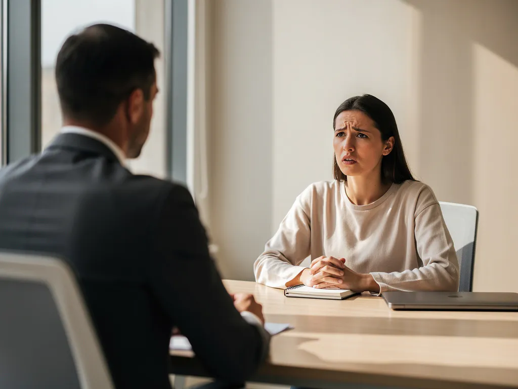 Sollicitant toont bezorgde uitdrukking tijdens uitdagend sollicitatiegesprek aan modern bureau met natuurlijk licht