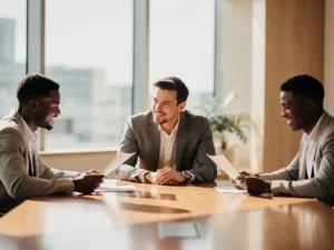 Drie professionals in gesprek rond houten vergadertafel tijdens informeel sollicitatiegesprek in moderne kantoorruimte