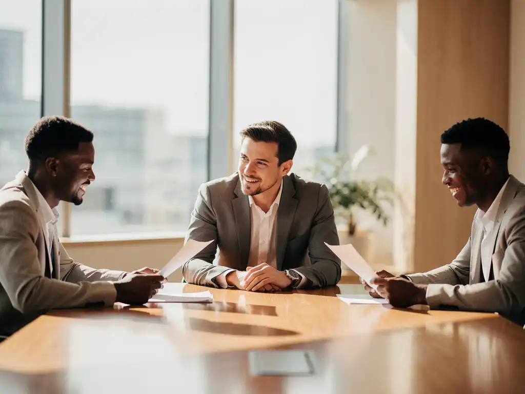 Drie professionals in gesprek rond houten vergadertafel tijdens informeel sollicitatiegesprek in moderne kantoorruimte