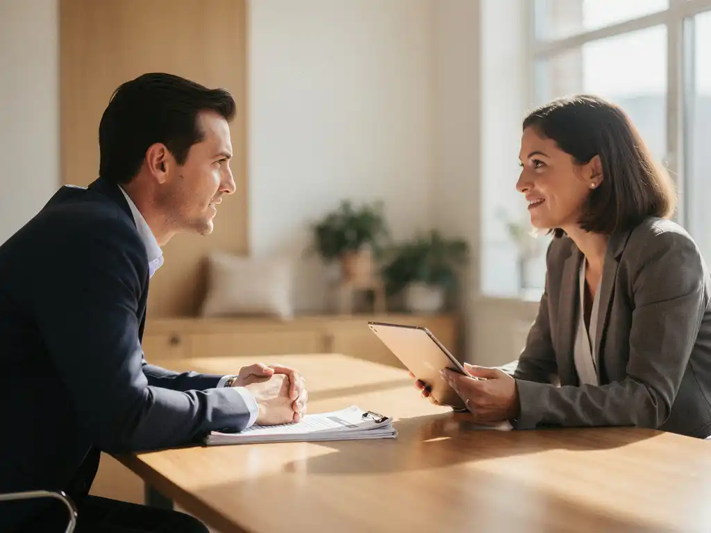 Twee professionals in gesprek aan houten vergadertafel, één bestudeert cv terwijl ander tablet met organogram vasthoudt