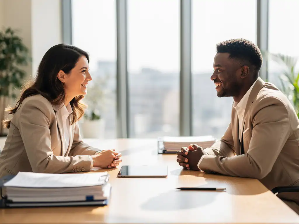 Recruiter en diverse kandidaat in gesprek aan houten bureau in moderne kantoorruimte met natuurlijk licht