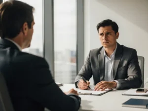 Bezorgde sollicitant toont teleurstelling tijdens gesprek met recruiter aan modern kantoorbureau bij raam