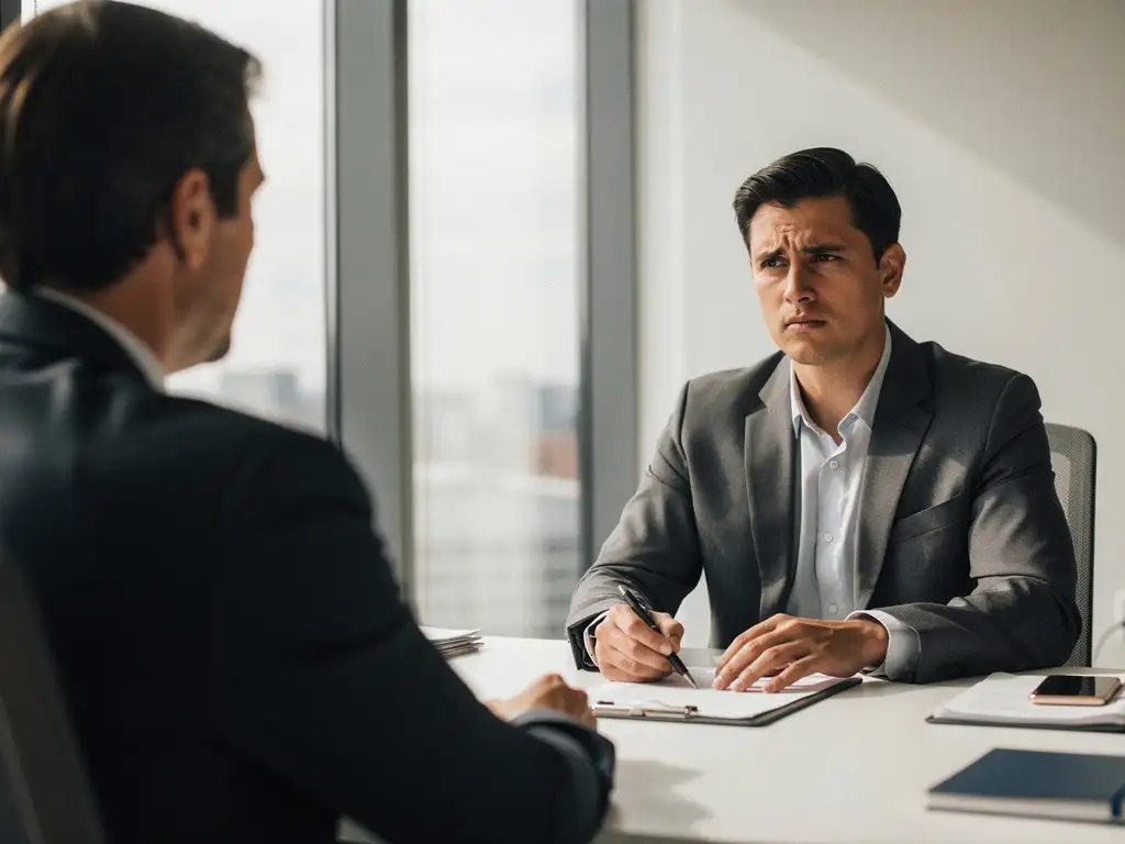 Bezorgde sollicitant toont teleurstelling tijdens gesprek met recruiter aan modern kantoorbureau bij raam