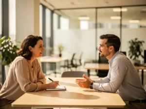 Sollicitatiegesprek tussen werkgever en kandidaat aan houten tafel in modern kantoor met natuurlijk licht