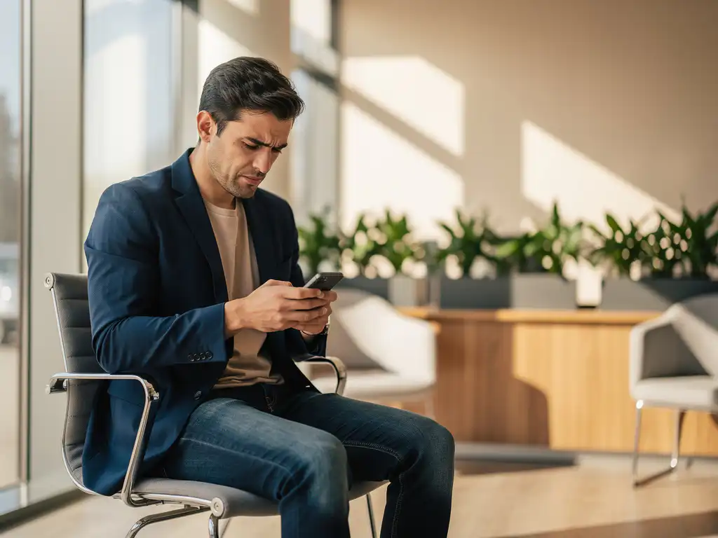 Nerveuze sollicitant controleert smartphone in moderne kantoorstoel bij receptie met warme verlichting en planten