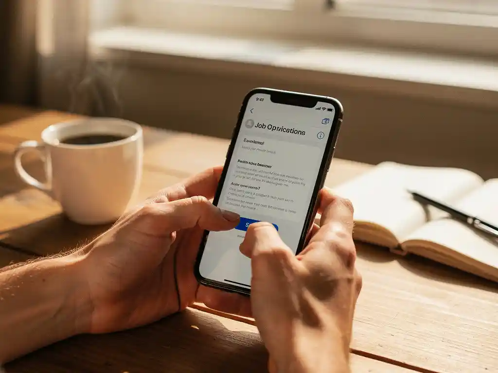 Handen houden smartphone met sollicitatiemail, vinger boven verzendknop, aan houten bureau met koffie en notitieboek