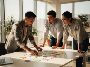 Drie professionals werken samen rond witte bureau, organiseren kleurrijke taakkaarten in modern kantoor met natuurlijk licht