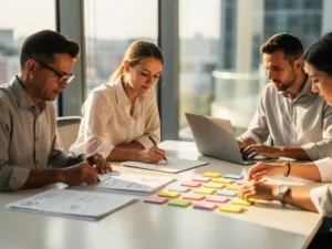 Vier professionals werken samen rond moderne vergadertafel met documenten, laptop en gekleurde notities in natuurlijk licht