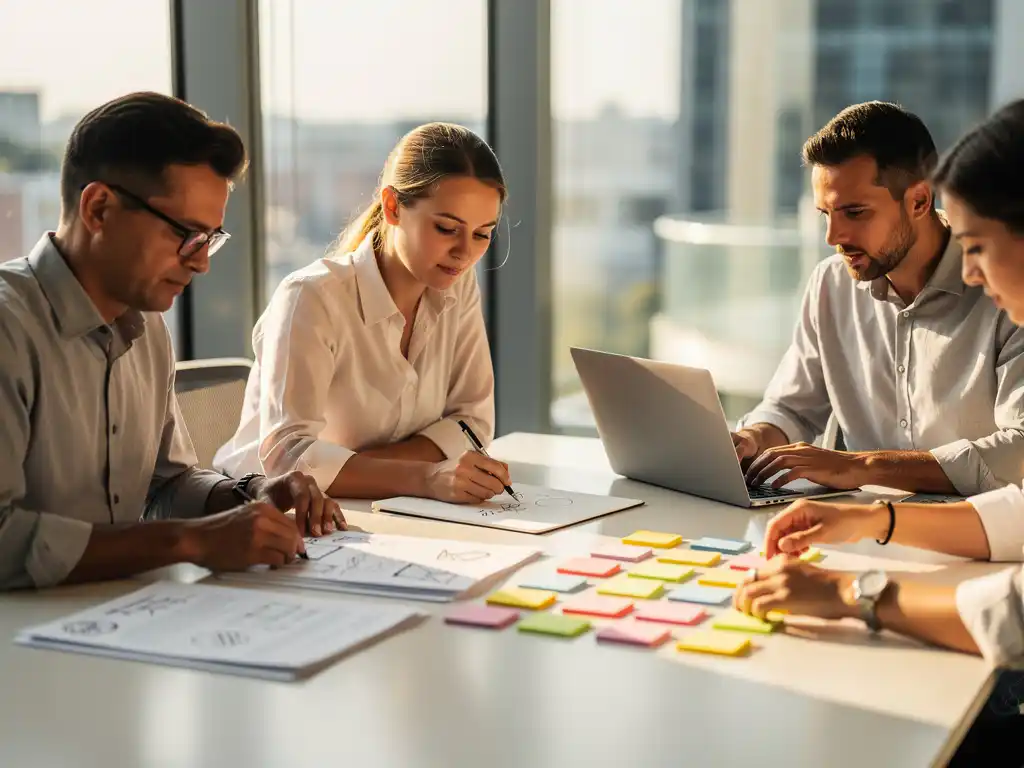 Vier professionals werken samen rond moderne vergadertafel met documenten, laptop en gekleurde notities in natuurlijk licht