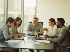 Vijf diverse professionals rond moderne vergadertafel met laptops en papieren, sommigen overweldigd anderen zelfverzekerd