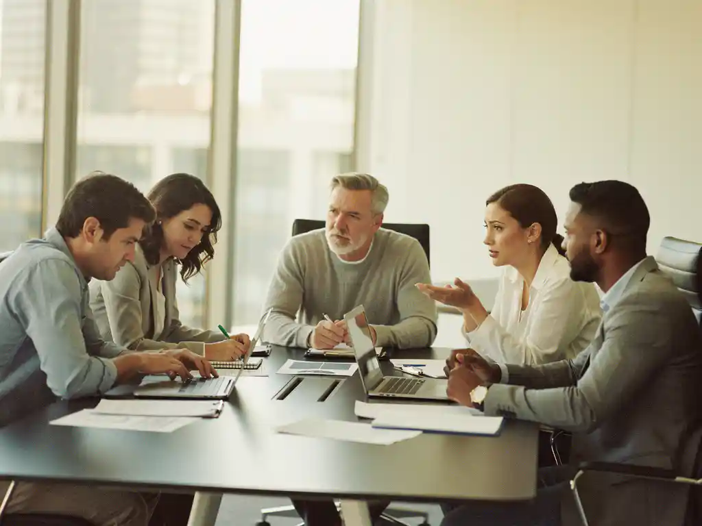 Vijf diverse professionals rond moderne vergadertafel met laptops en papieren, sommigen overweldigd anderen zelfverzekerd