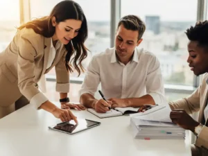 Drie professionals werken samen rond een witte vergadertafel, vrouw wijst naar tablet terwijl collega's notities maken