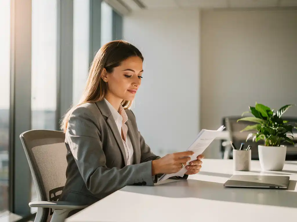 Professionele vrouw bekijkt documenten aan modern bureau bij raam met natuurlijk licht en plant