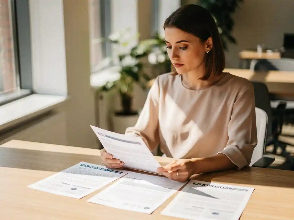 Jonge professionele vrouw bekijkt wervingsdocumenten aan houten bureau in modern kantoor met natuurlijk licht