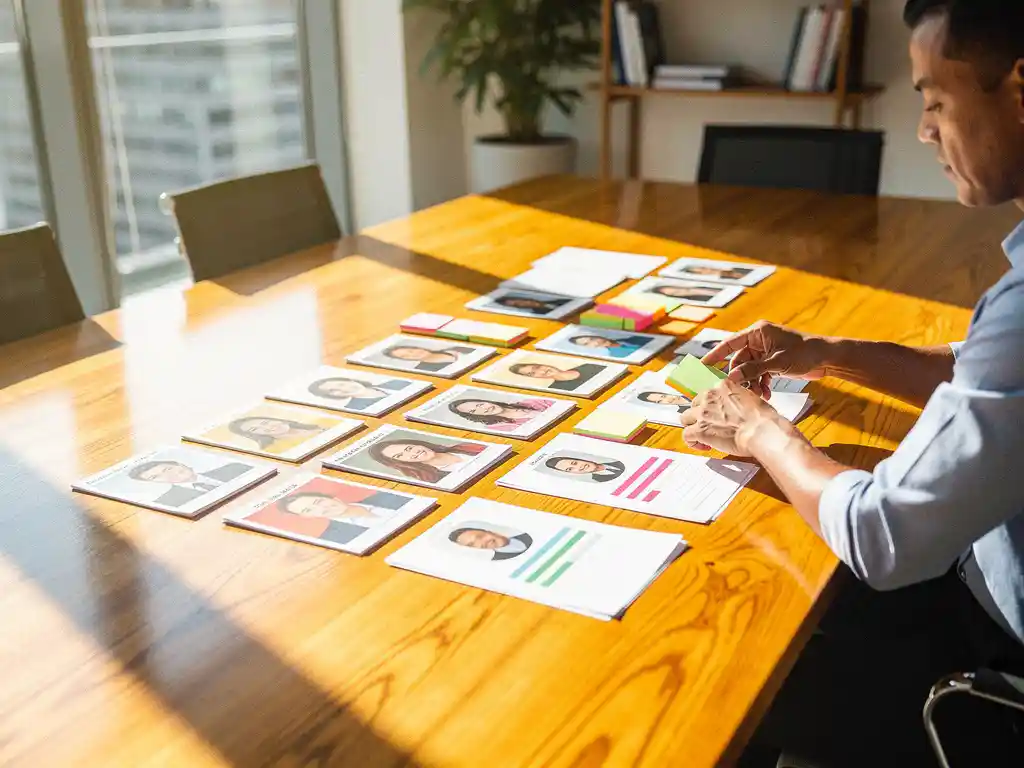 Wervingsmanager organiseert gekleurde sticky notes en kandidaatprofielen op houten vergadertafel in zonnig kantoor