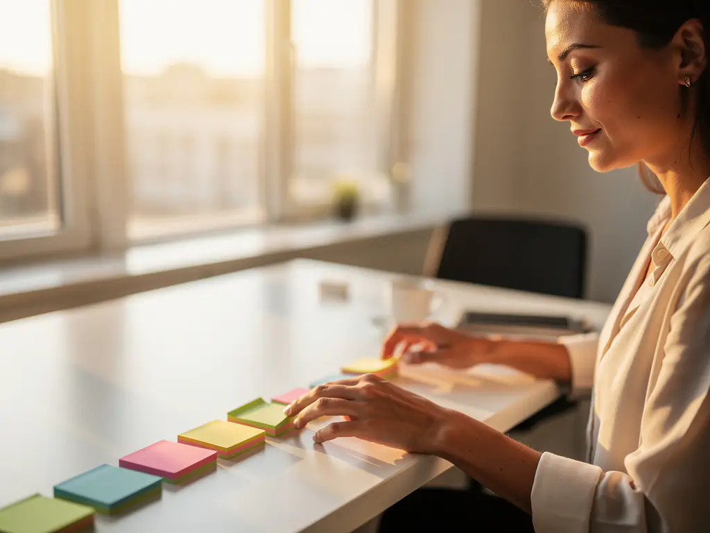 Recruitment specialist organiseert kleurrijke sticky notes op witte bureau die verschillende wervingsfasen vertegenwoordigen