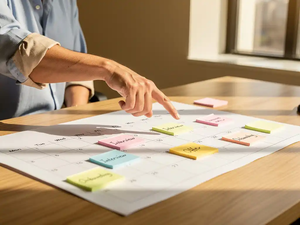 Hiring manager wijst naar datums op tijdlijn kalender met kleurrijke sticky notes voor wervingsfasen op houten bureau