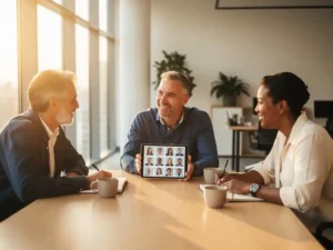 Drie professionals bespreken wervingsplannen aan houten vergadertafel in modern kantoor met natuurlijk licht
