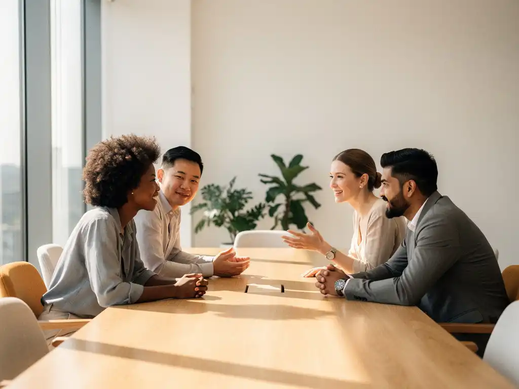 Diverse groep van vier professionals in geanimeerde discussie rond lichte eiken vergadertafel in moderne kantoorruimte met natuurlijk licht
