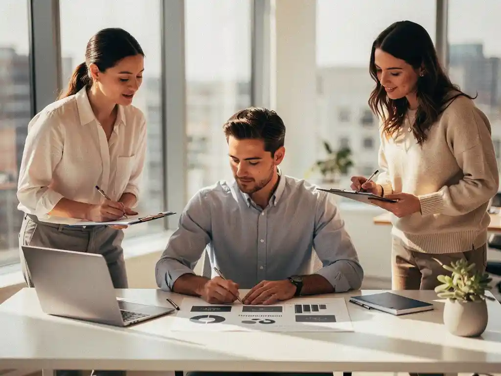 Professional bestudeert benchmarkrapport aan modern bureau, collega's op de achtergrond, warm natuurlijk licht.