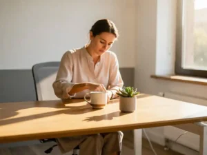 Persoon pakt spullen van modern houten bureau met koffiemok en succulent, zacht middaglicht door raam.