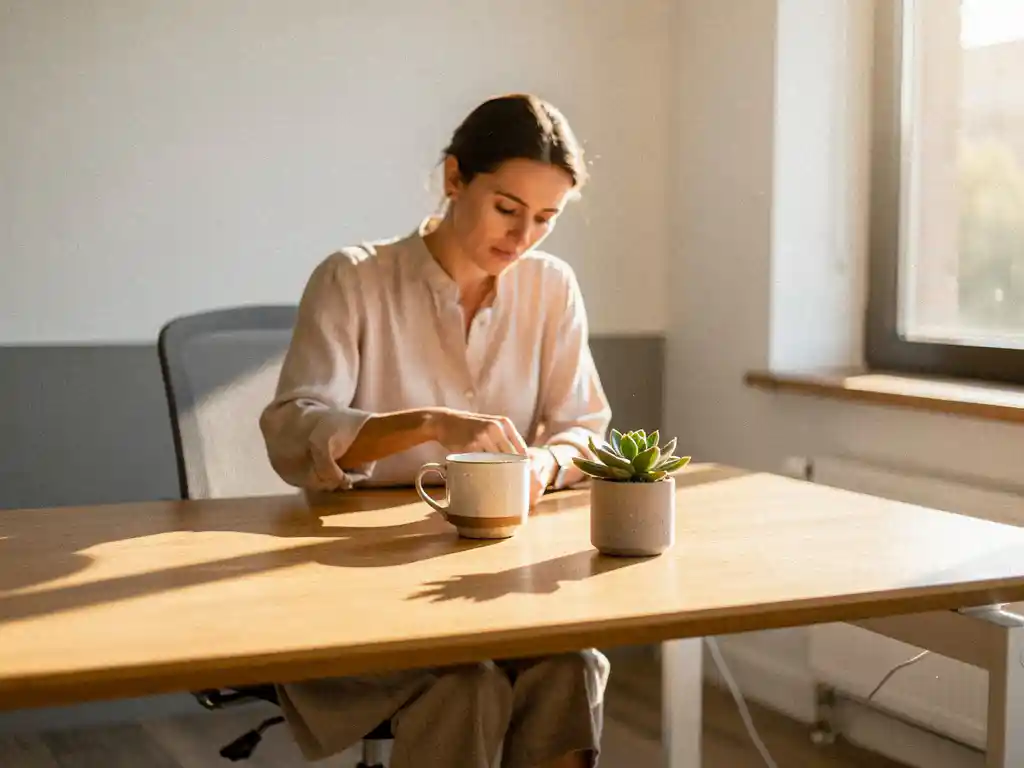 Persoon pakt spullen van modern houten bureau met koffiemok en succulent, zacht middaglicht door raam.