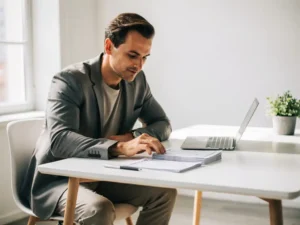Professional bekijkt een selectie cv's aan een minimalistisch bureau met natuurlijk licht en Scandinavisch interieur.