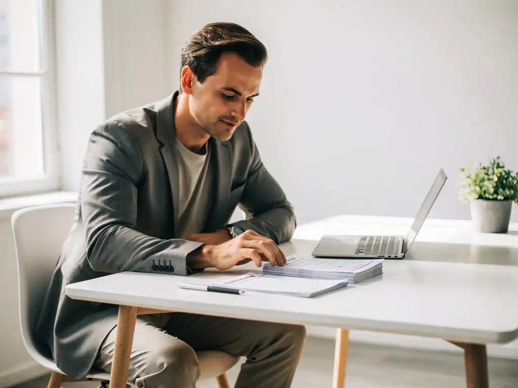 Professional bekijkt een selectie cv's aan een minimalistisch bureau met natuurlijk licht en Scandinavisch interieur.