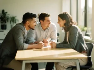 Drie professionals in smart-casual kleding overleggen aan een licht houten bureau in een lichte, moderne open kantooromgeving.