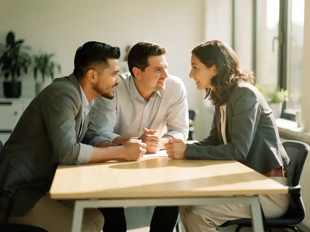 Drie professionals in smart-casual kleding overleggen aan een licht houten bureau in een lichte, moderne open kantooromgeving.