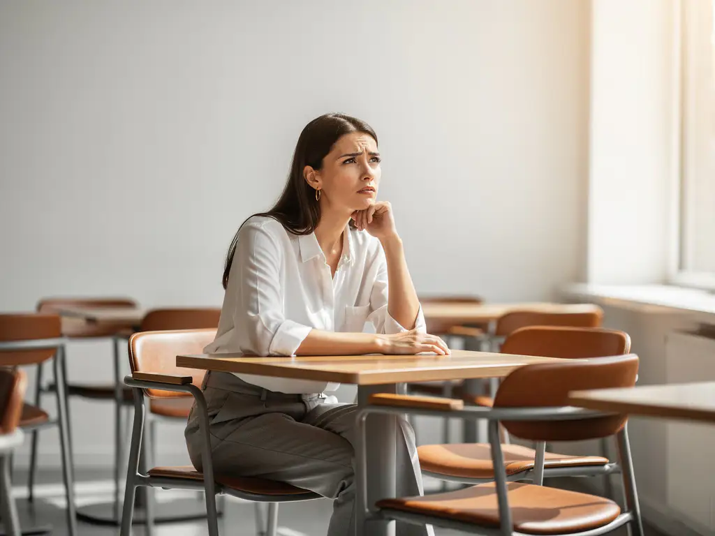 Jonge professional met peinzende blik alleen aan een modern cafétafel, omgeven door lege stoelen in warm natuurlijk licht.