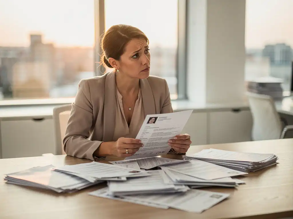 Gefrustreerde hiring manager bekijkt sceptisch een sollicitatie aan een bureau bezaaid met cv's, warm kantoorlicht op de achtergrond.