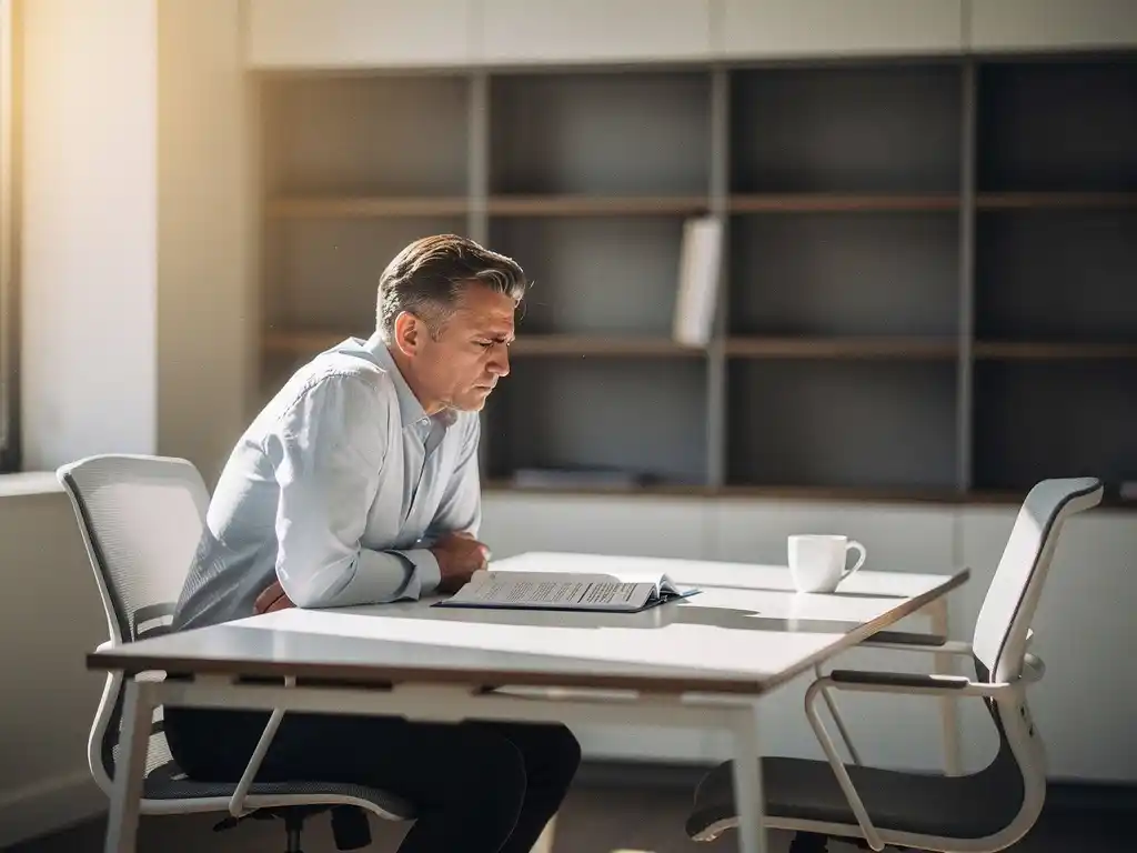 Gefrustreerde hiring manager aan modern bureau starend naar lege stoel, open map en onaangeroerde koffie in warm kantoorlicht.