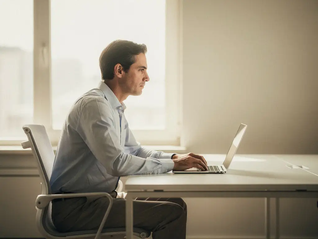 Gefrustreerde professional aan modern bureau met gesloten laptop, starend naar raam in stille kantooromgeving met zacht natuurlijk licht.