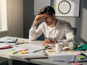 Gestreste recruiter aan rommelig bureau met stapels cv's, omgevallen koffiekop en deadline op kalender aan grijze muur.