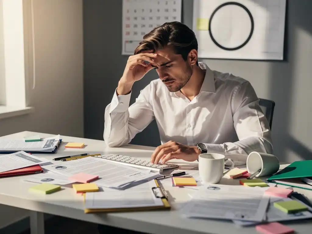 Gestreste recruiter aan rommelig bureau met stapels cv's, omgevallen koffiekop en deadline op kalender aan grijze muur.