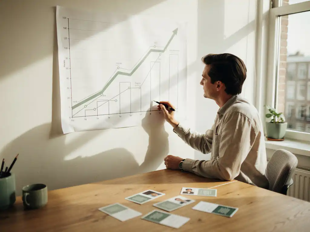 Recruiter bestudeert groeiroadmap op kantoorwand, met kandidaatprofielkaarten op een eiken bureau, in modern Amsterdam-stijl kantoor met natuurlijk licht.