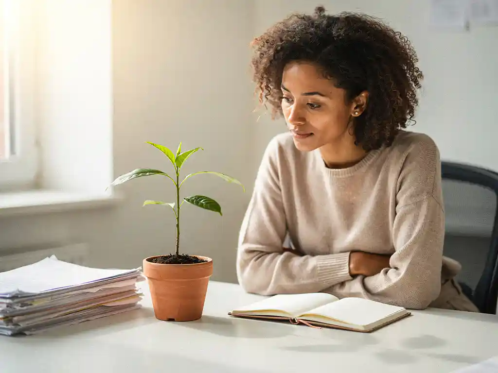 Vrouw bekijkt groen plantje in terracottapot op modern kantoorbureau met notitieboek en papieren, zacht natuurlijk licht.